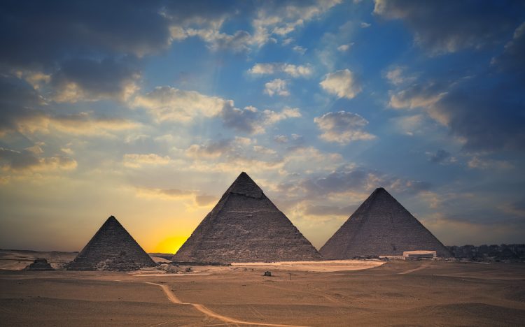 Pyramids of Giza at sunset, Cairo, Egypt